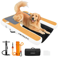 Hmtaolife inflatable dog boat ramp near pool edge with anti-slip EVA for safety.