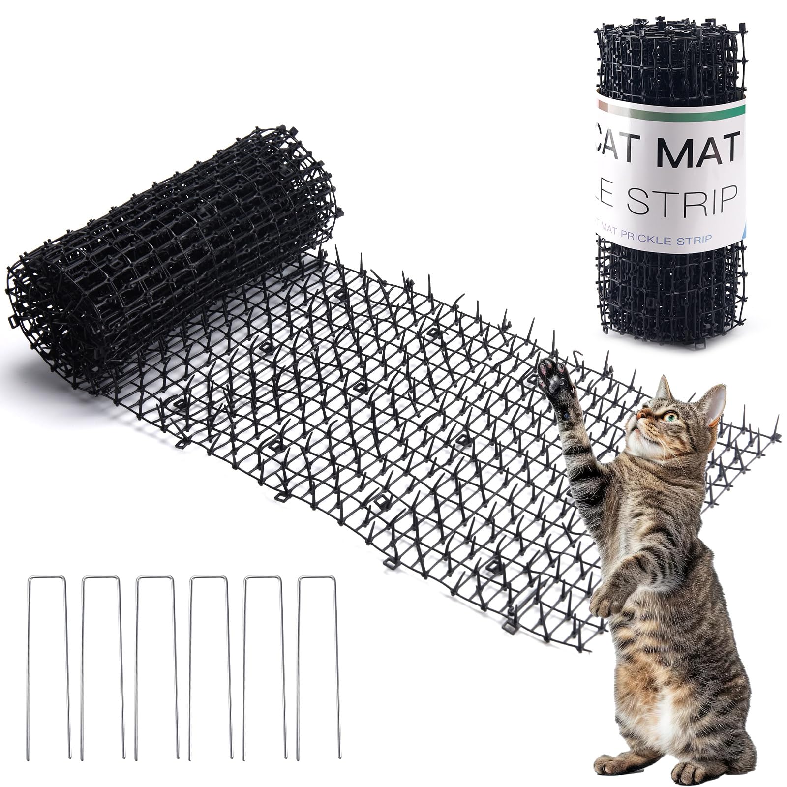 Hmyomina scat mat 8.2ft long unrolled to deter cats outdoors with humane spikes.