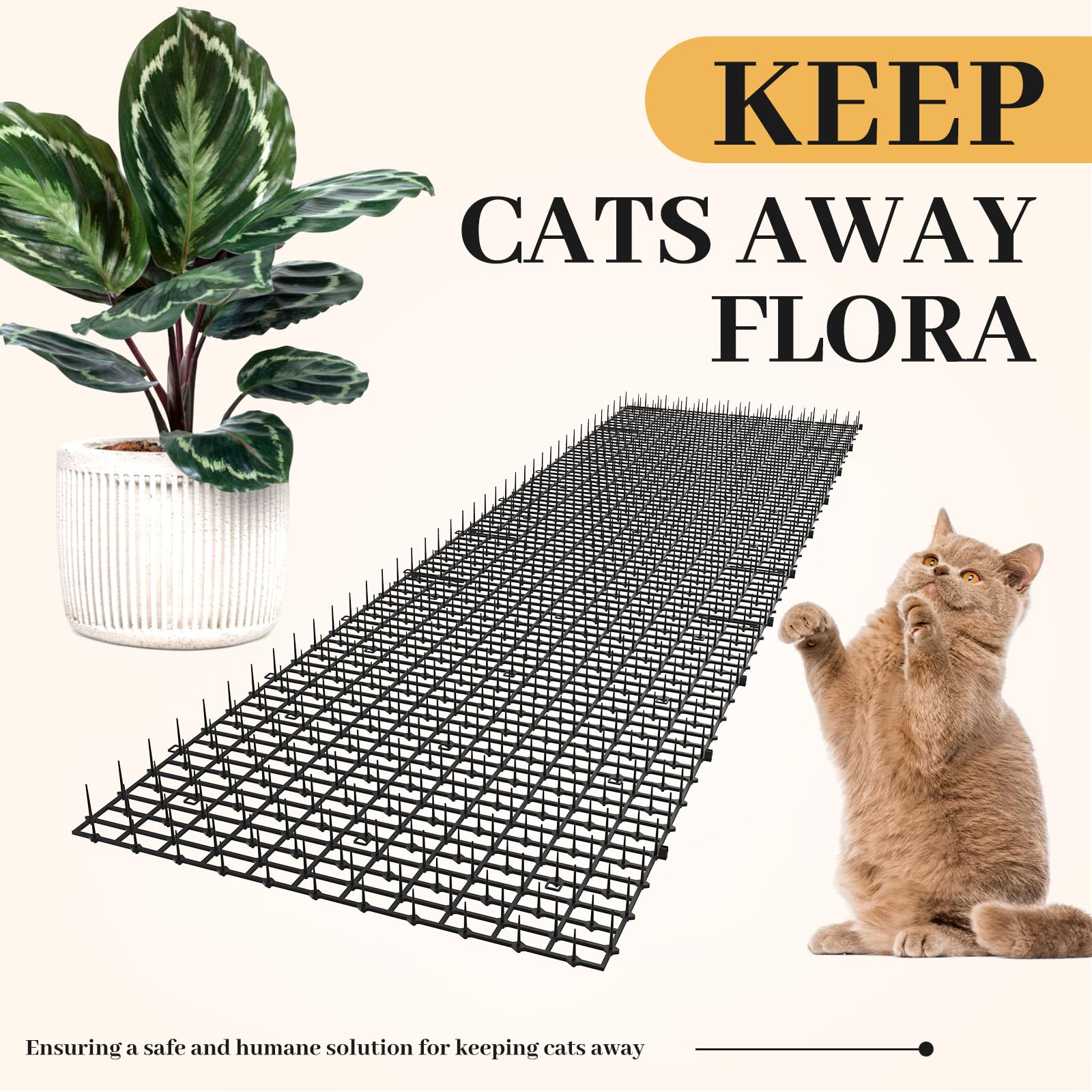 Hmyomina scat mat closeup shows humane plastic spikes for pet-safe deterrence.