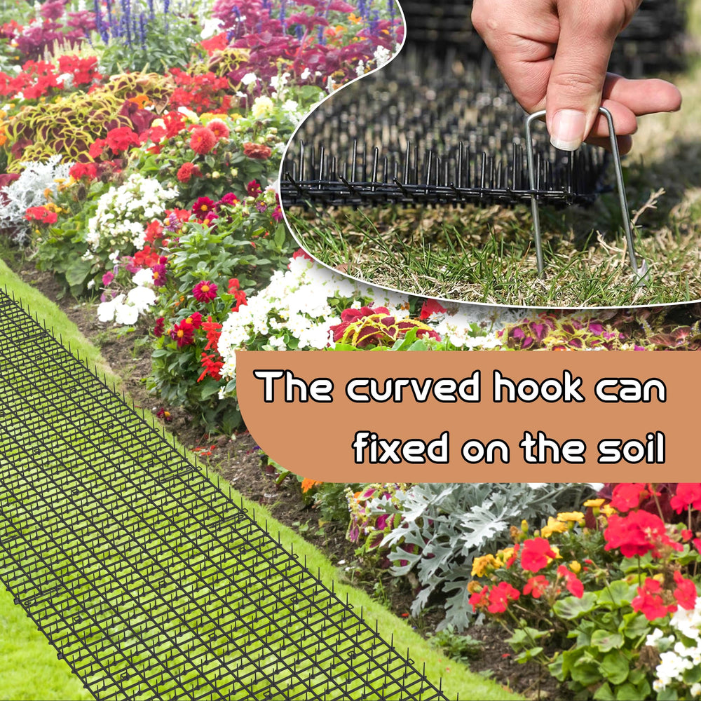 Hmyomina scat mat installation with garden staples securing to fence or railing