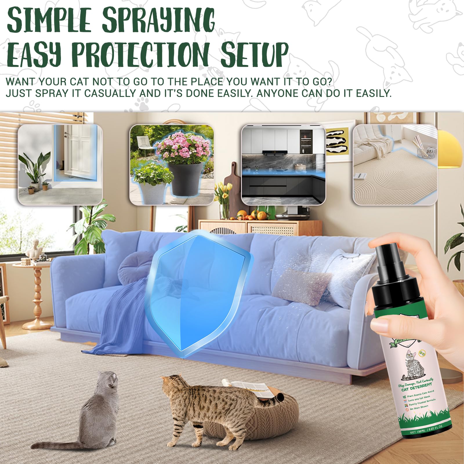 HNMTWQ Cat Deterrent Spray near plants and curtains showing usage scenarios.