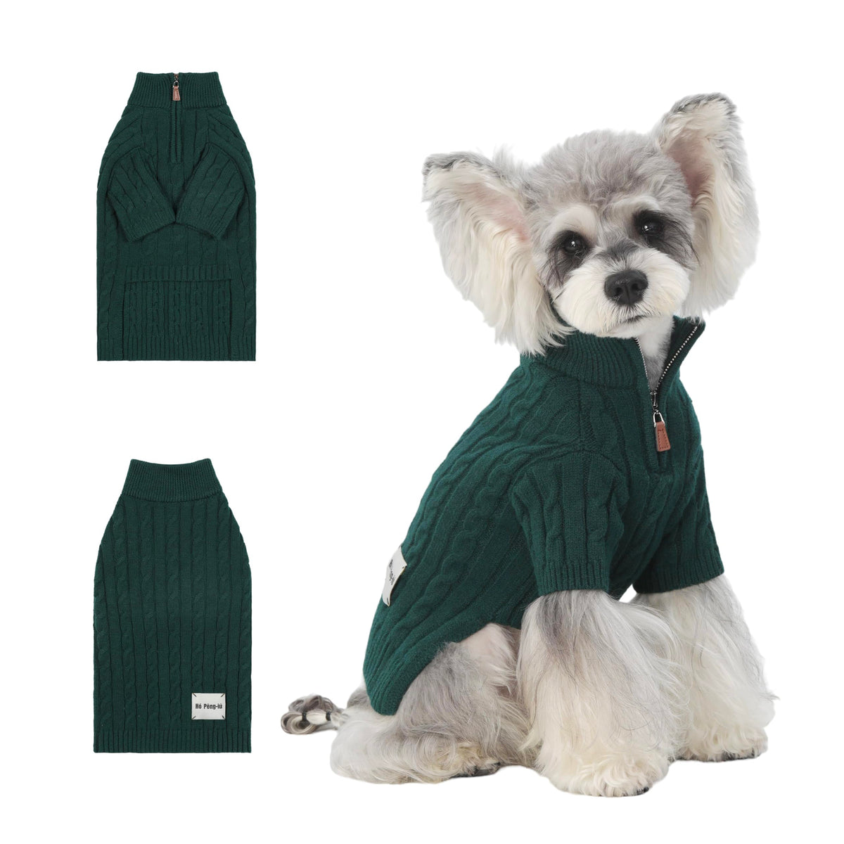 Hó Pêng-iú dog sweater front view in green provides cozy winter warmth.
