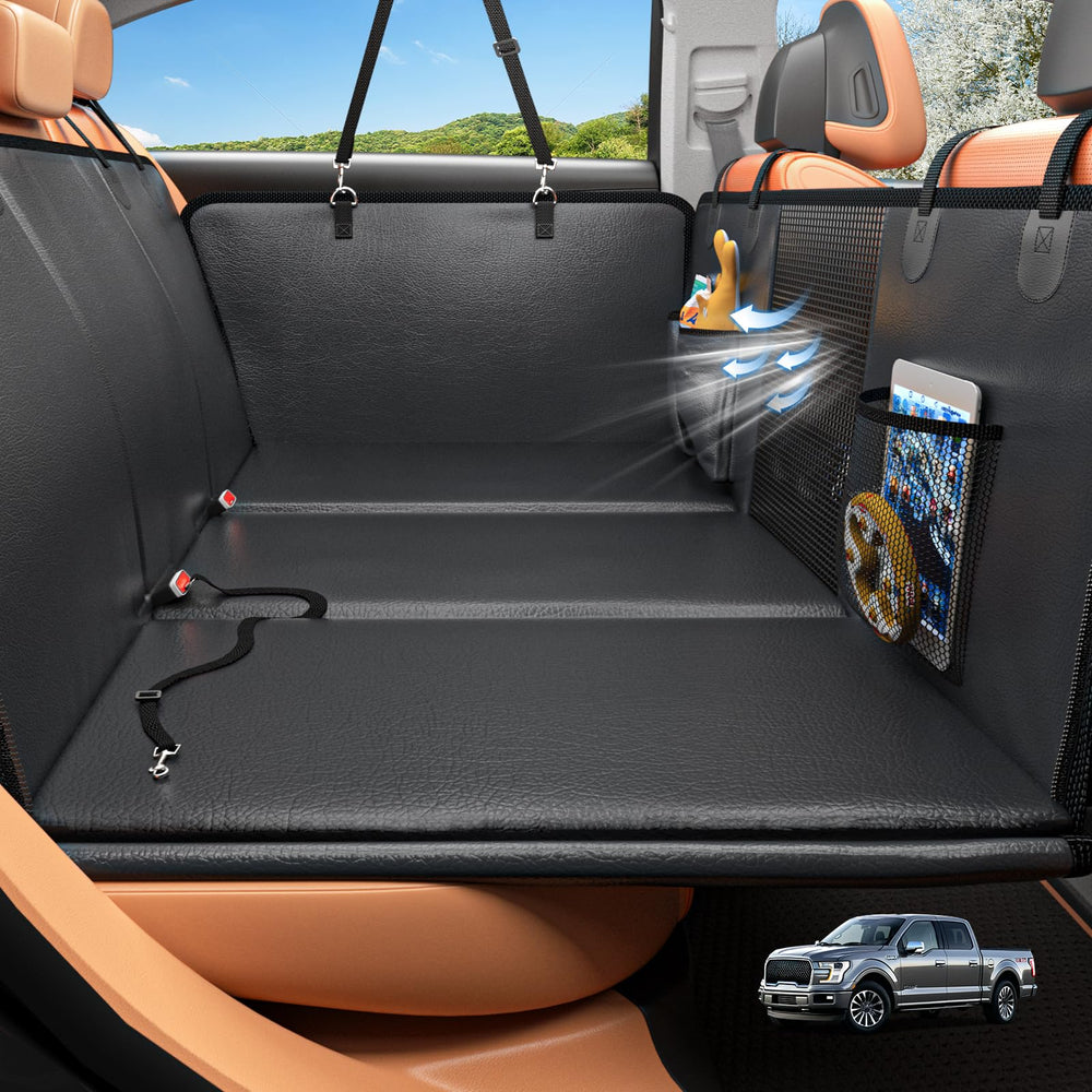 HOB4U Back Seat Extender in full-size truck showing roomy dog hammock for larger breeds.