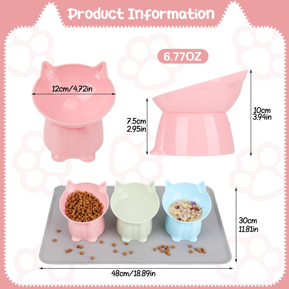Hoemwarm indoor cats dining setup with three-color elevated bowls.