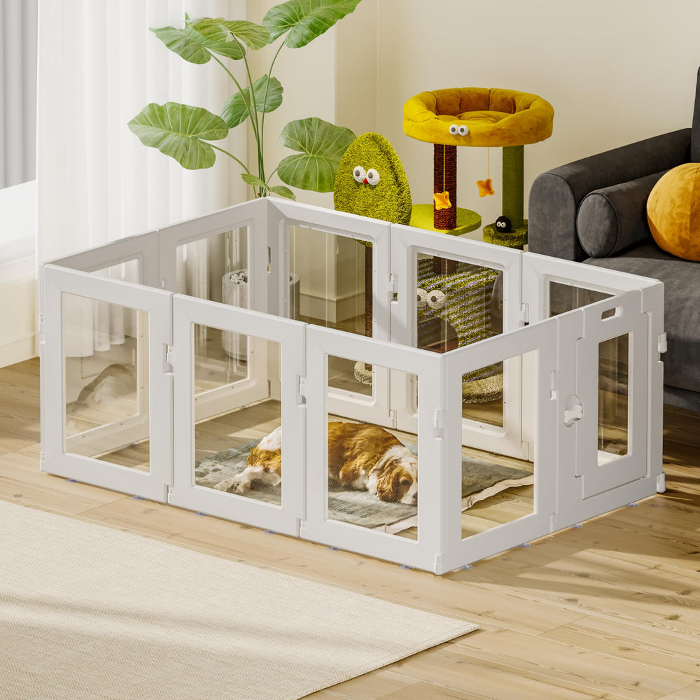 Hoencraft clear acrylic dog playpen compact storage and modular layout.