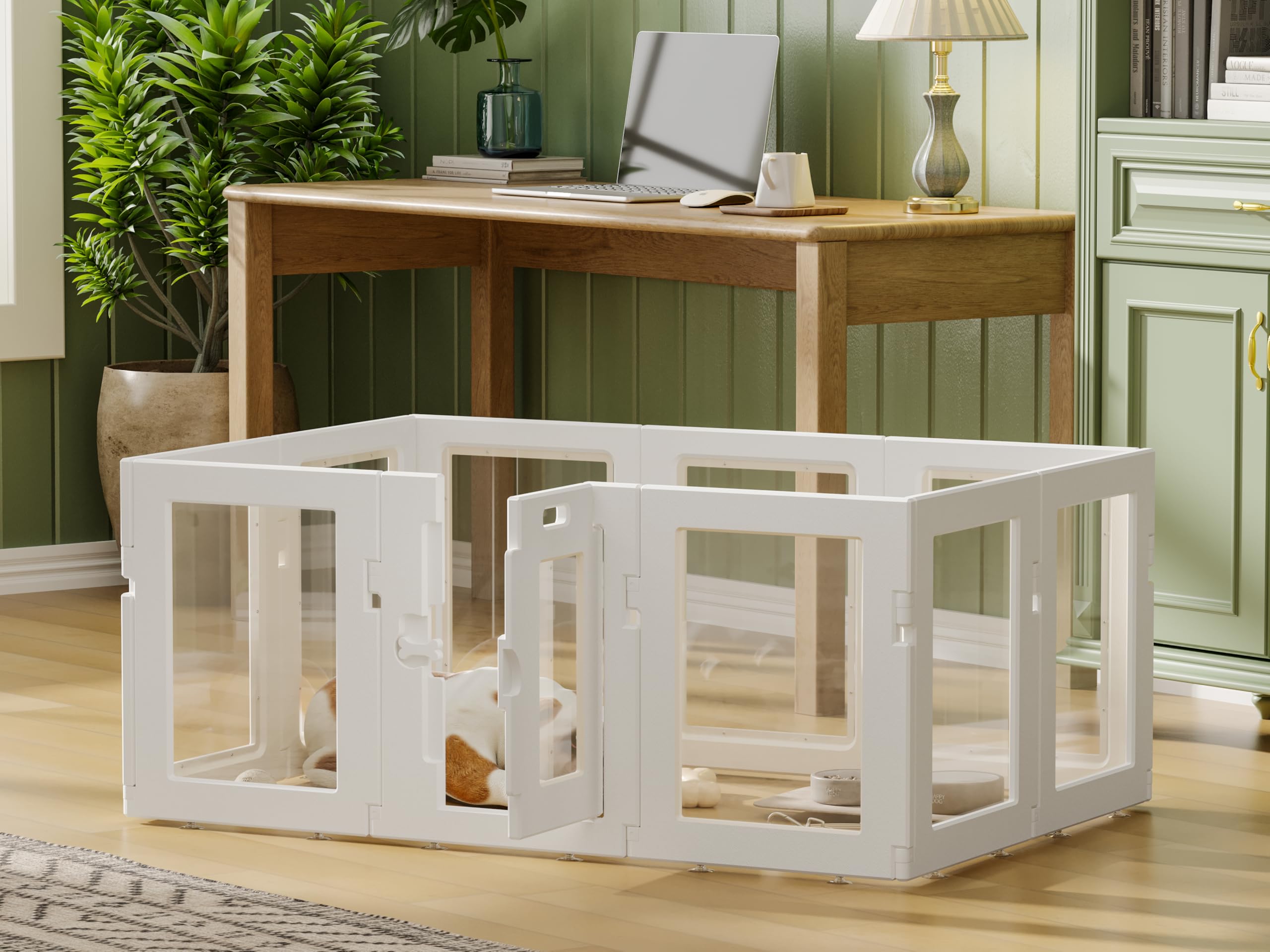 Hoencraft clear acrylic dog playpen in living room supports safe indoor exploration.