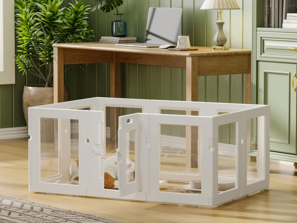 Hoencraft clear acrylic dog playpen in living room supports safe indoor exploration.