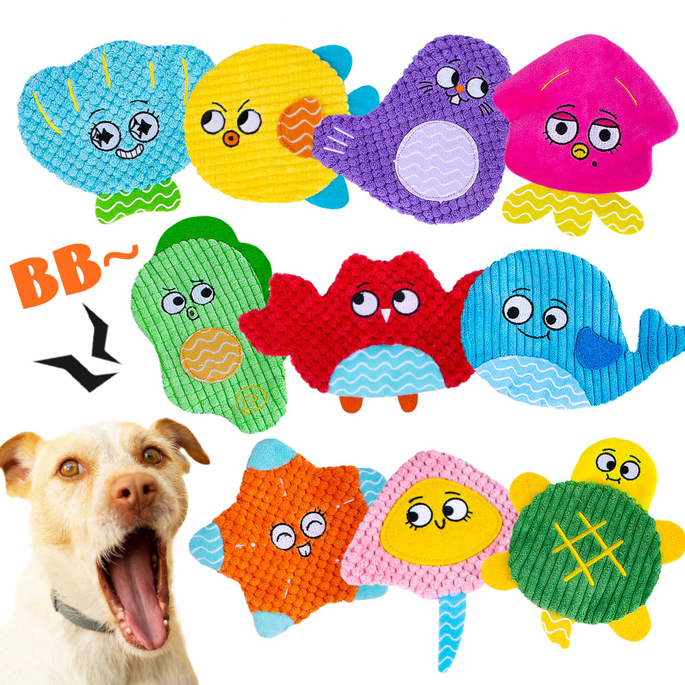 HOESDA Squeaky No Stuffing Dog Toys 10-pack in package, inviting interactive play.