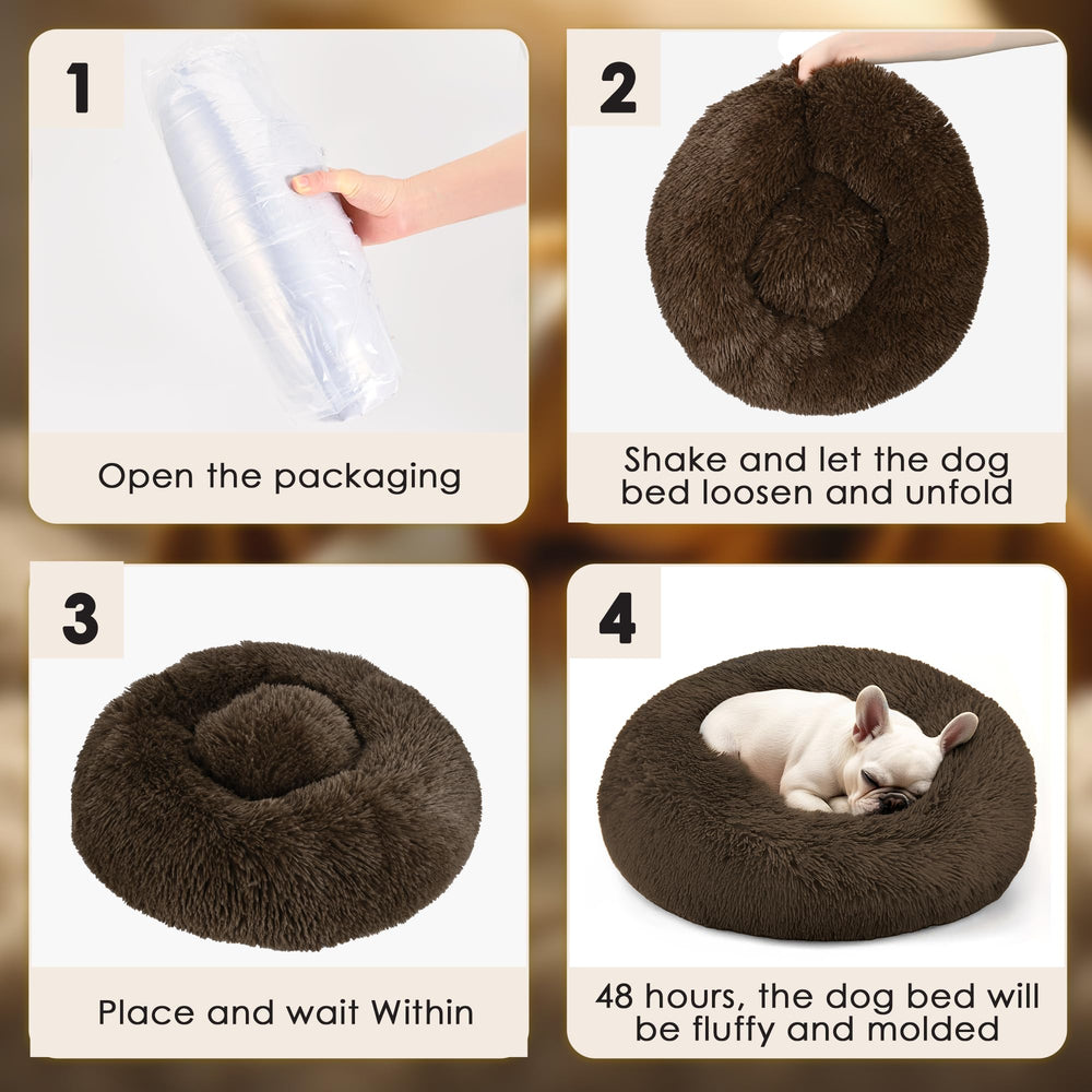 Hoewina coffee-colored round bed invites cozy restful naps.
