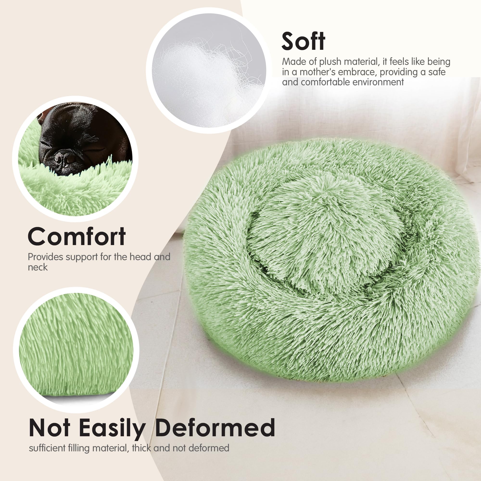 Hoewina donut bed 20in green fabric closeup highlighting soft plush texture