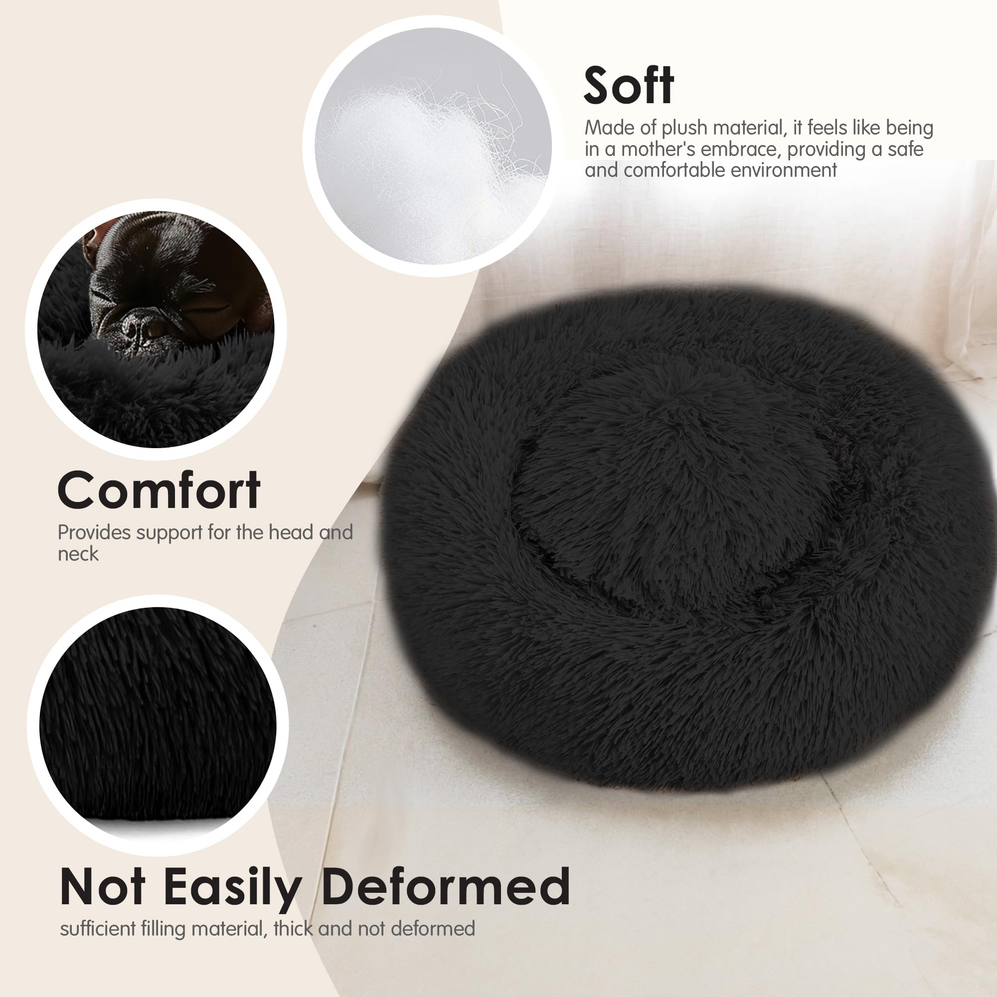 Hoewina donut bed interior cushions show ultra-soft PP cotton for cold days.