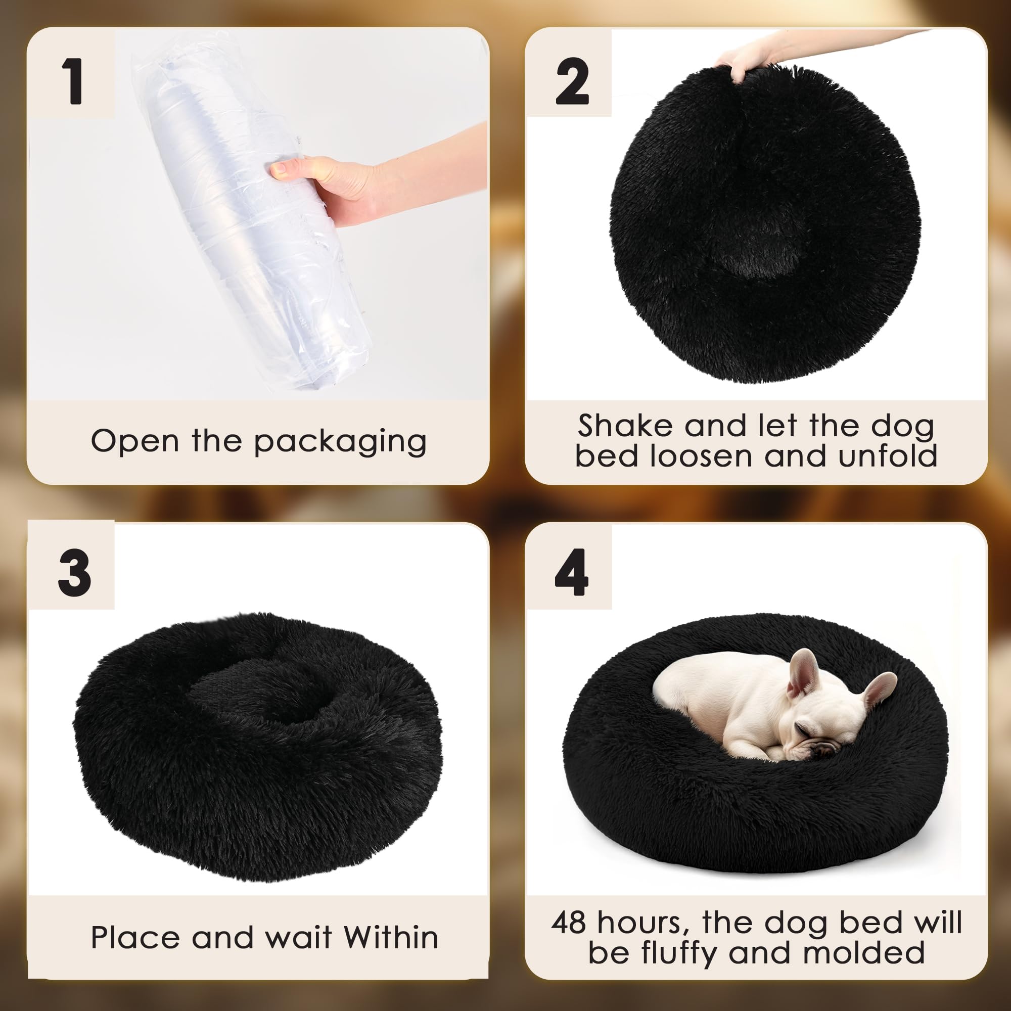 Hoewina donut bed care view shows machine-washable option and low-heat drying.