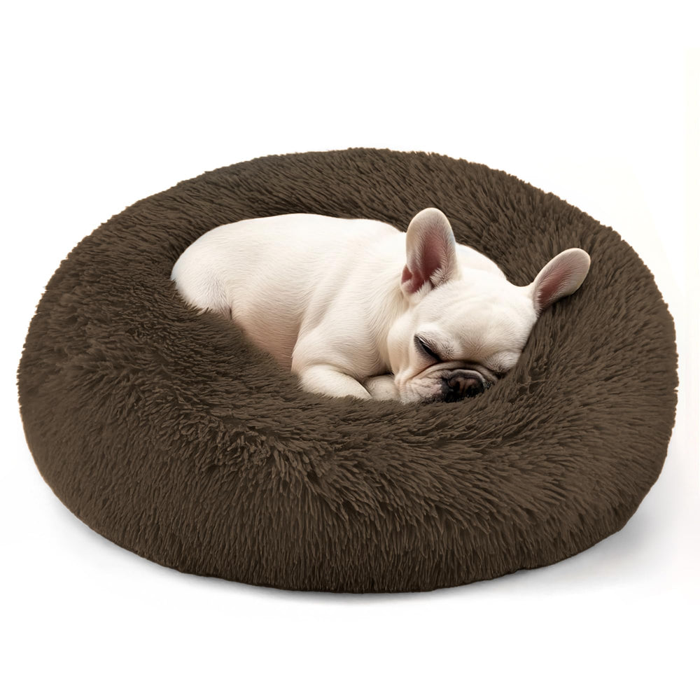 Hoewina donut bed cozy closeup highlighting soft plush fabric and raised edge support.