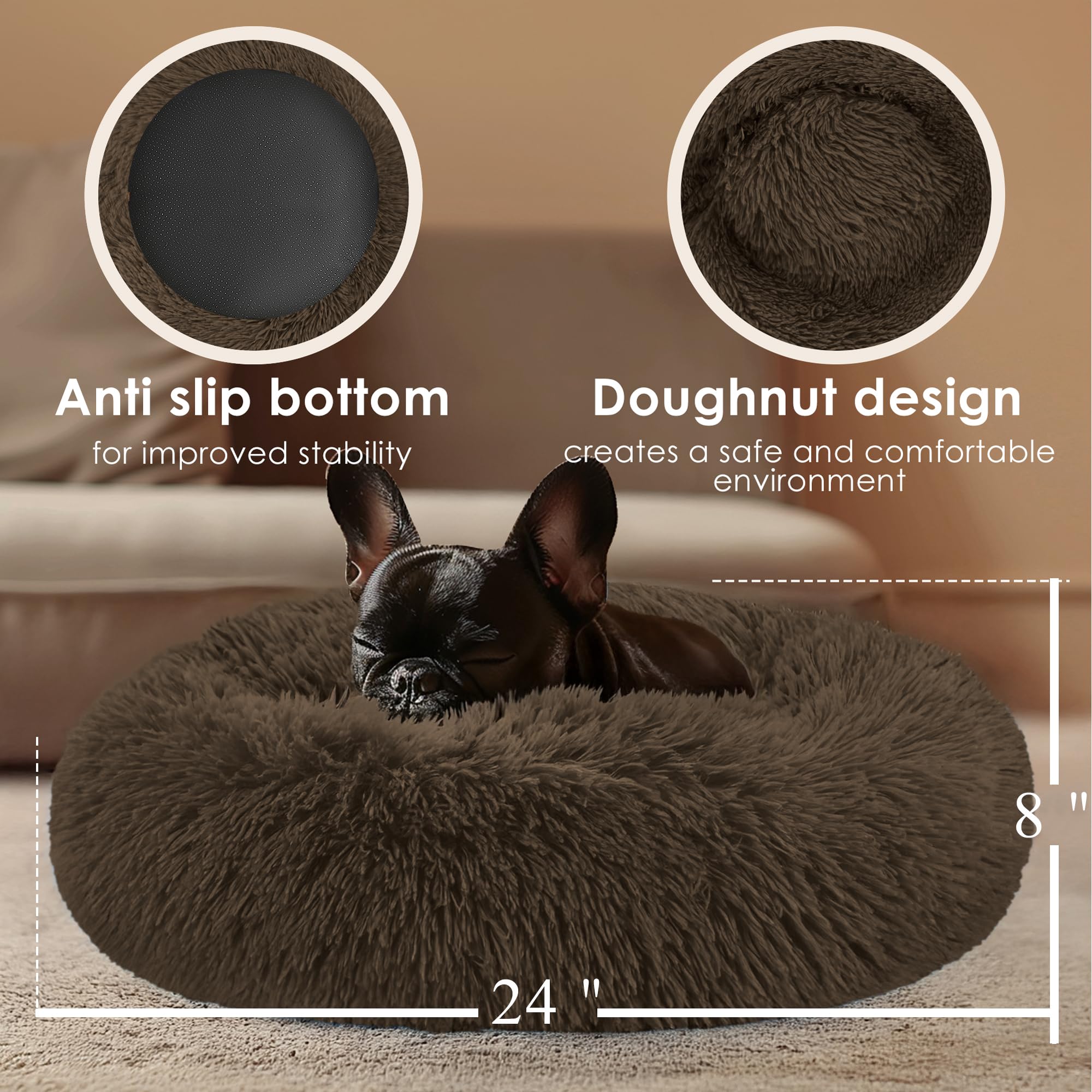 Hoewina donut dog bed small coffee fabric closeup reveals plush, eco-friendly PP cotton fill.