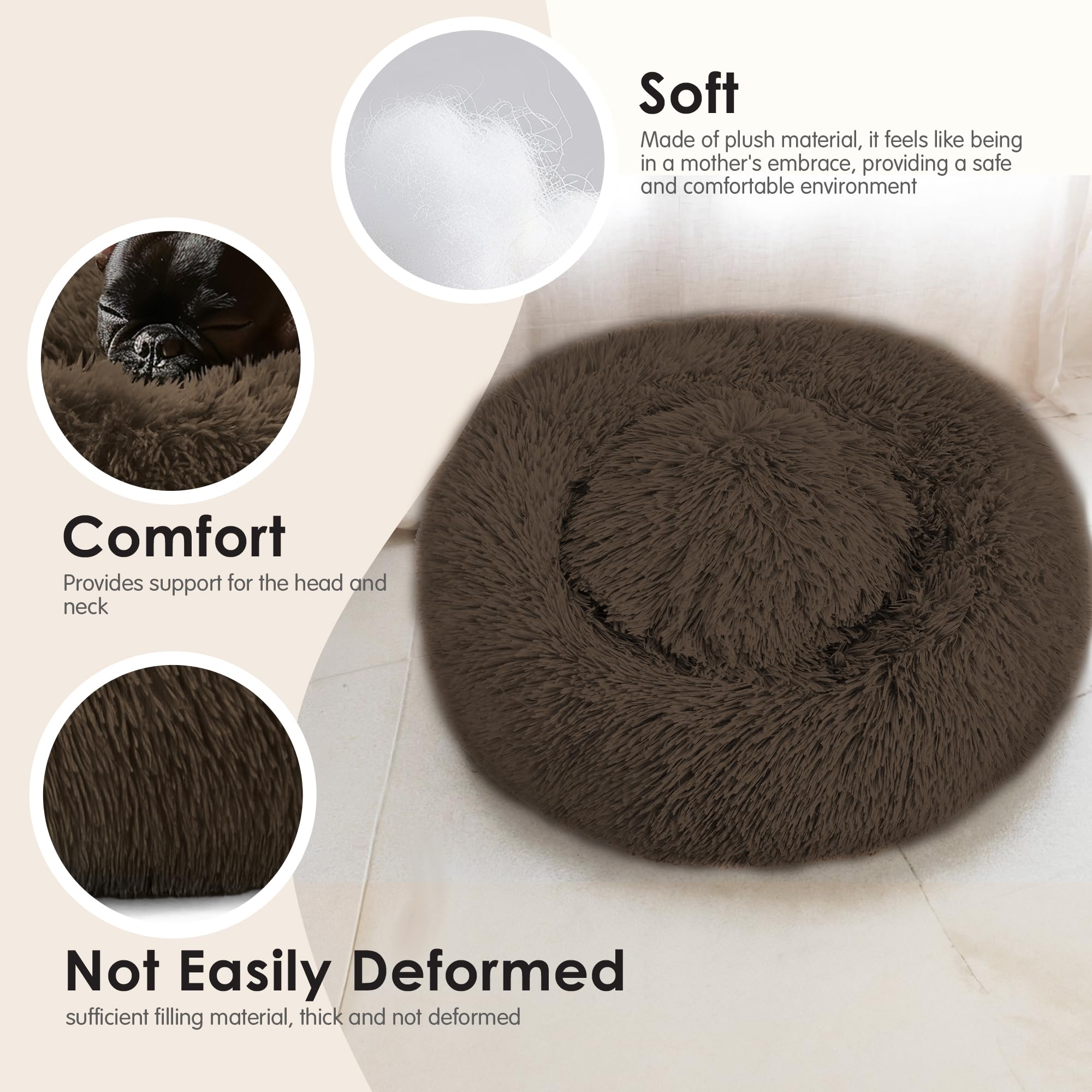 Hoewina donut dog bed small coffee washable instruction demonstrates easy cleaning options.
