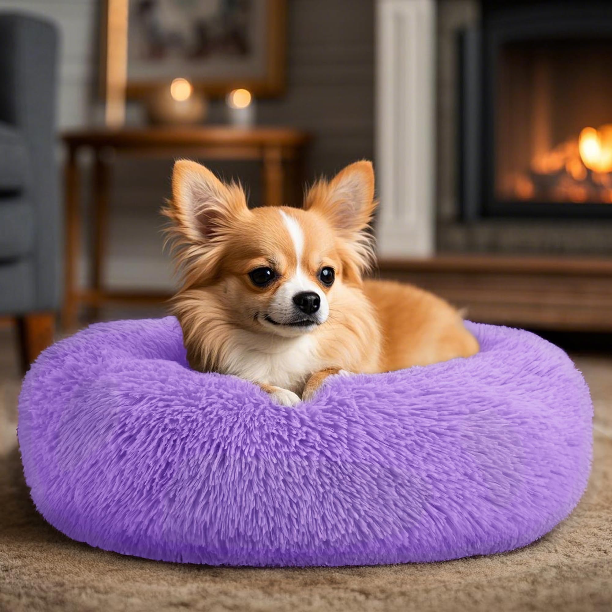Hoewina purple round bed offers warmth and security for small dogs and cats