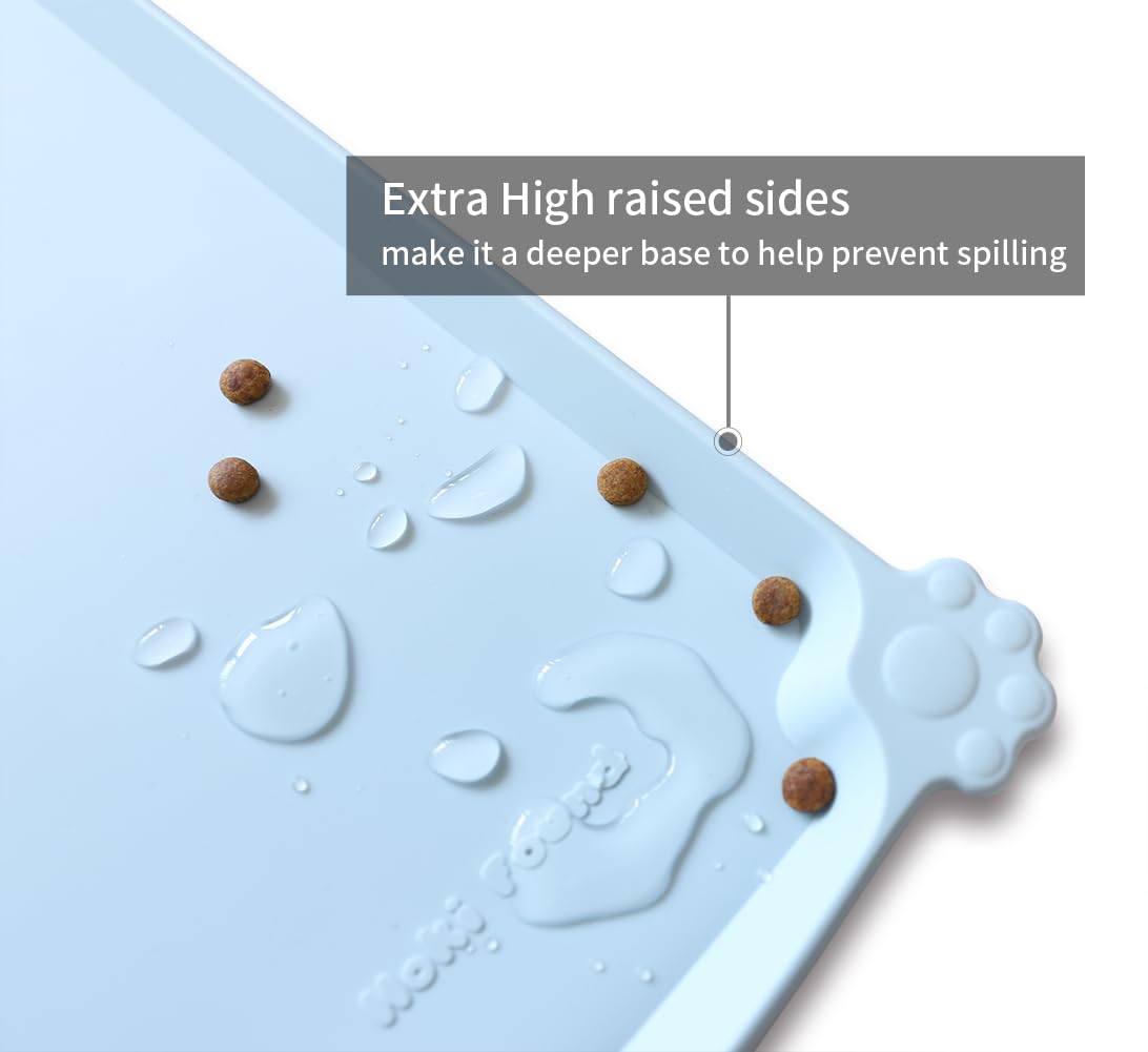 Hoki Found L raised-edge bowl mat prevents spills during pet mealtime.
