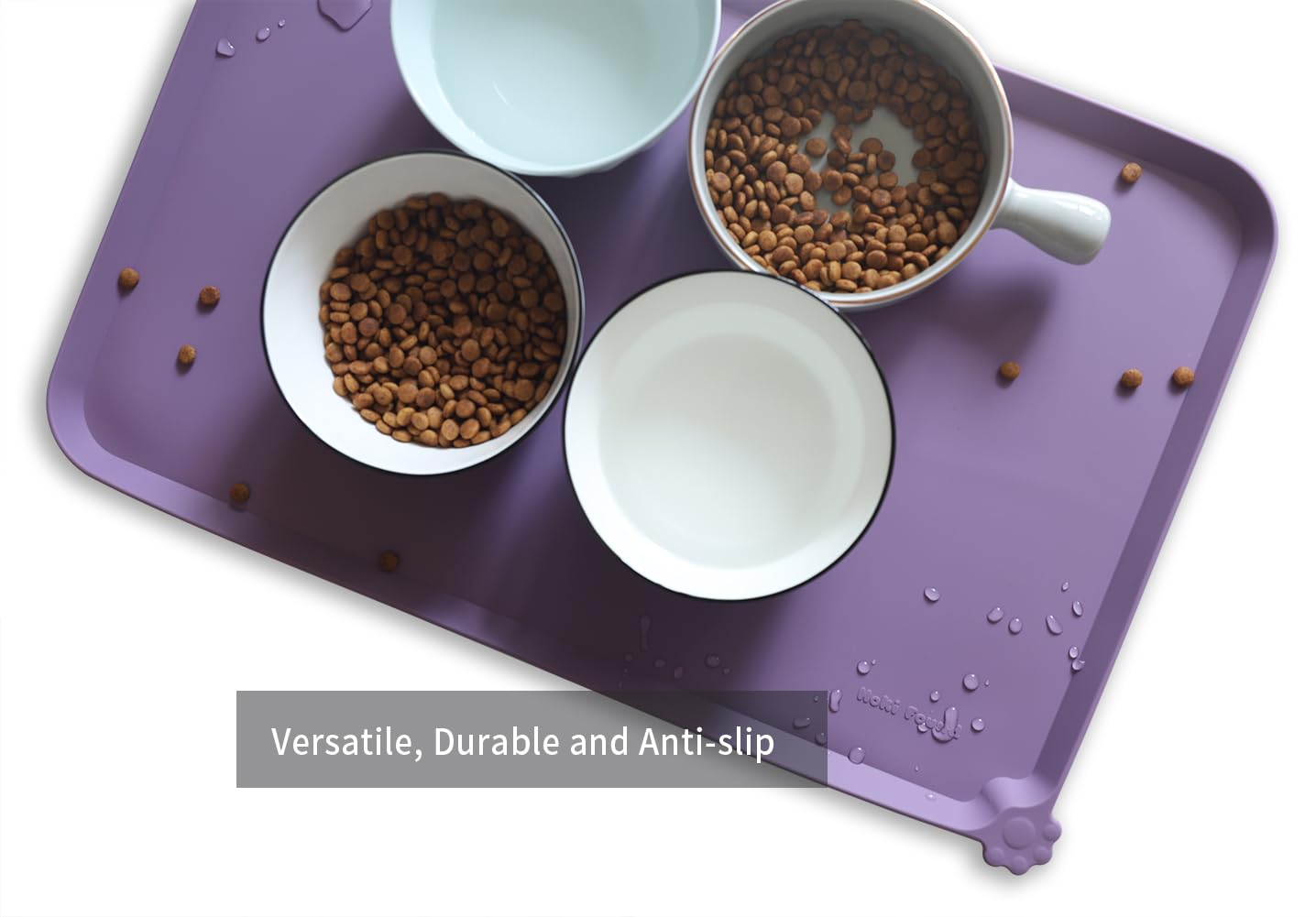 Pet-friendly use: amethyst mat laid during meals to catch spills.