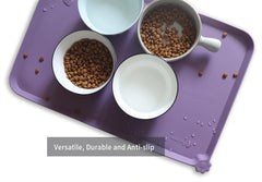 Pet-friendly use: amethyst mat laid during meals to catch spills.