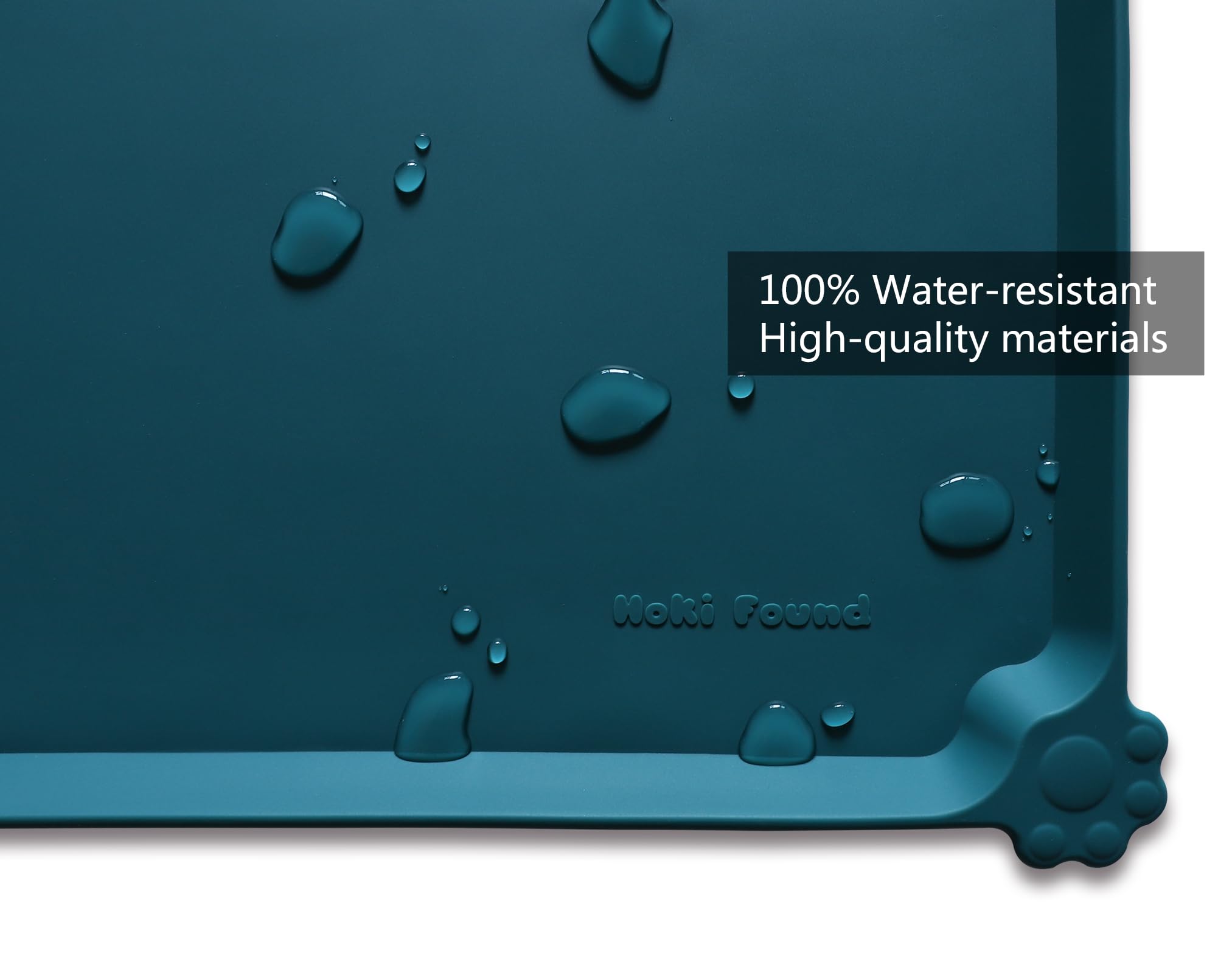 Hoki Found L silicone pet food mats are waterproof to protect floors during messy meals and watering.