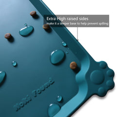 Hoki Found dog mealtime scene shows 24x16 inch mat preventing spills.