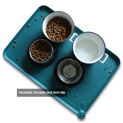 Hoki Found mat with raised edge keeps food on mat during meals.