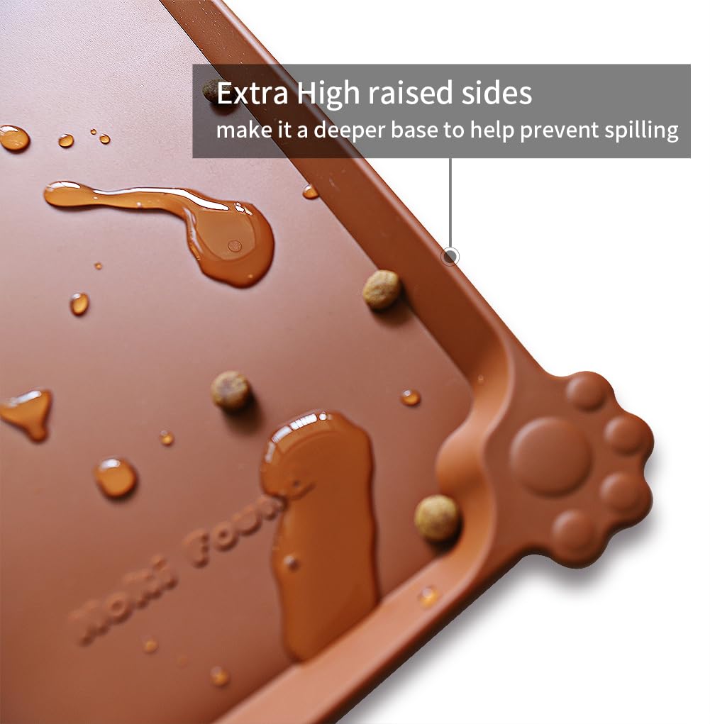 Hoki Found X-Large Silicone Pet Food Mat in caramel highlights spill-containment edge to protect floors.