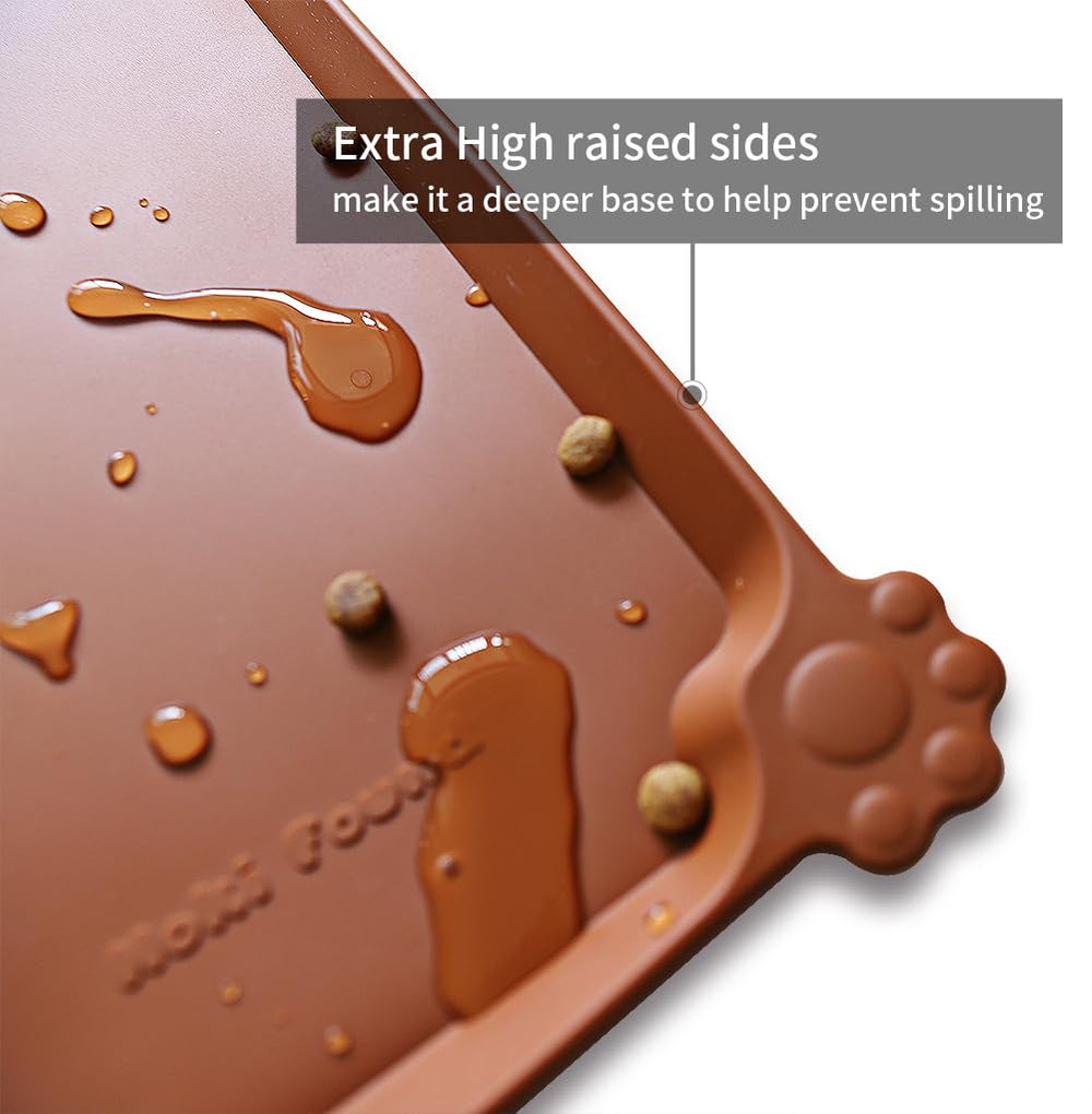 Hoki Found X-Large Silicone Pet Food Mat in caramel highlights spill-containment edge to protect floors.