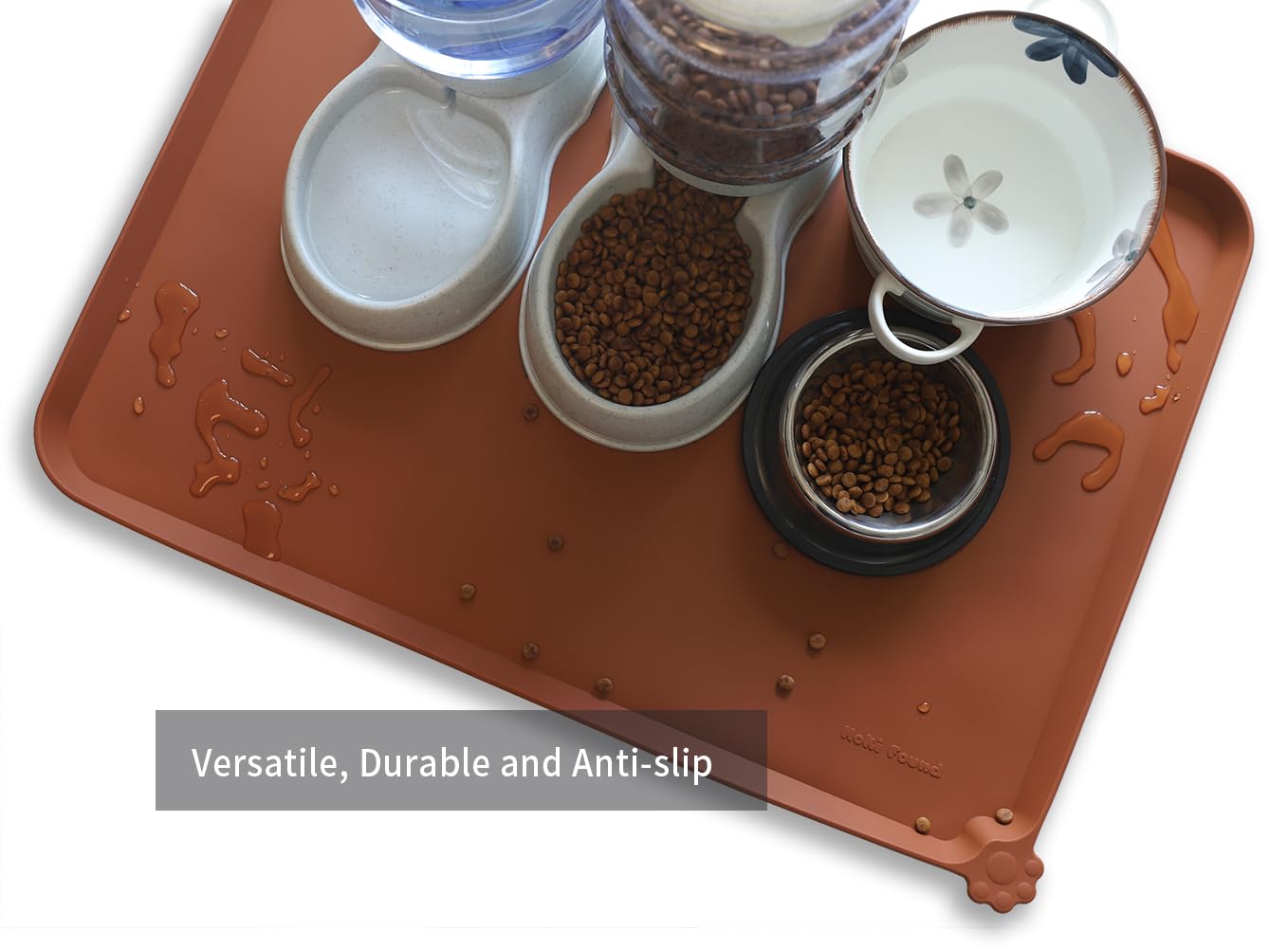 Hoki Found X-Large Silicone Pet Food Mat caramel travel-friendly use keeps meals neat on trips.