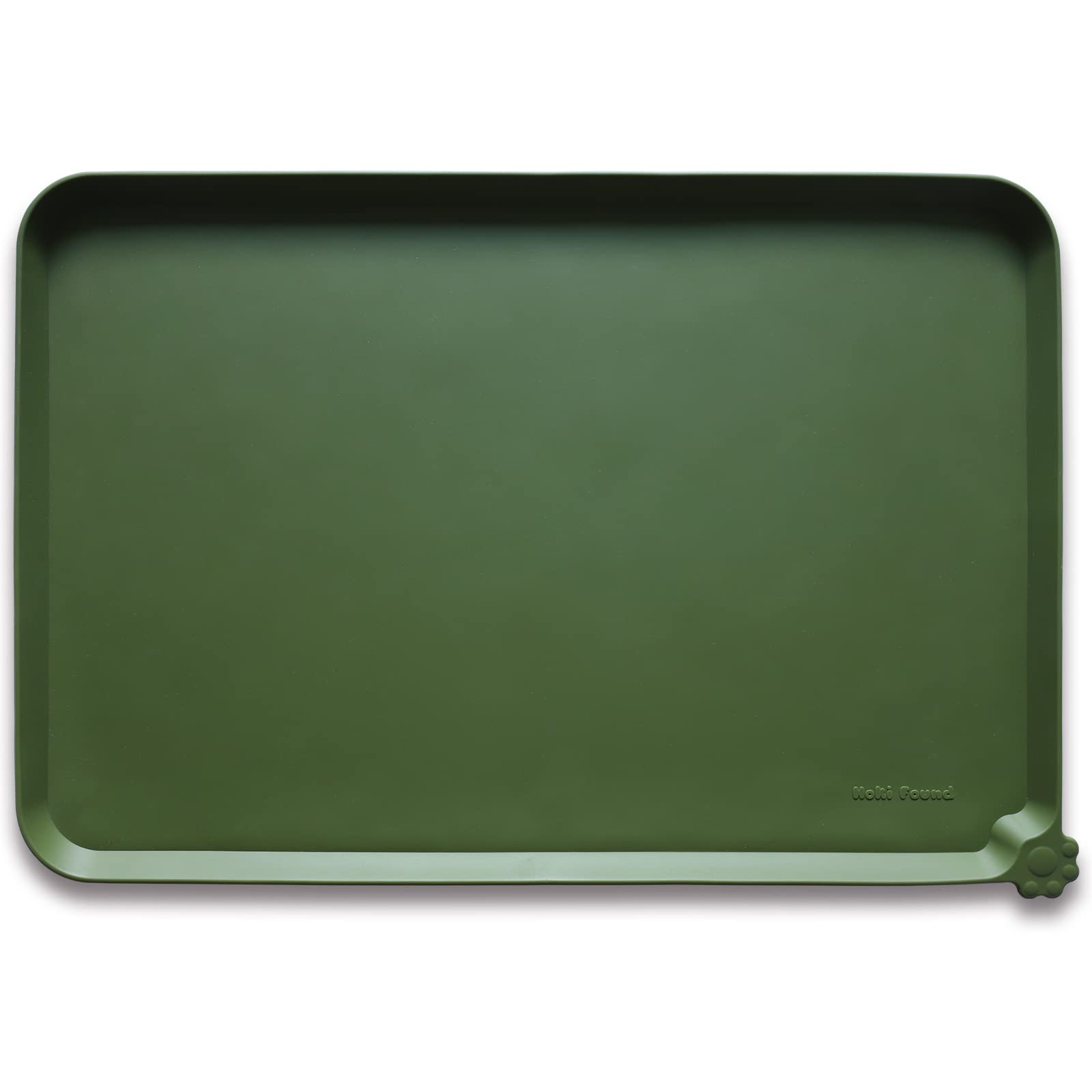 Hoki Found X-Large silicone pet food mat in dark olive protects floors during meals.