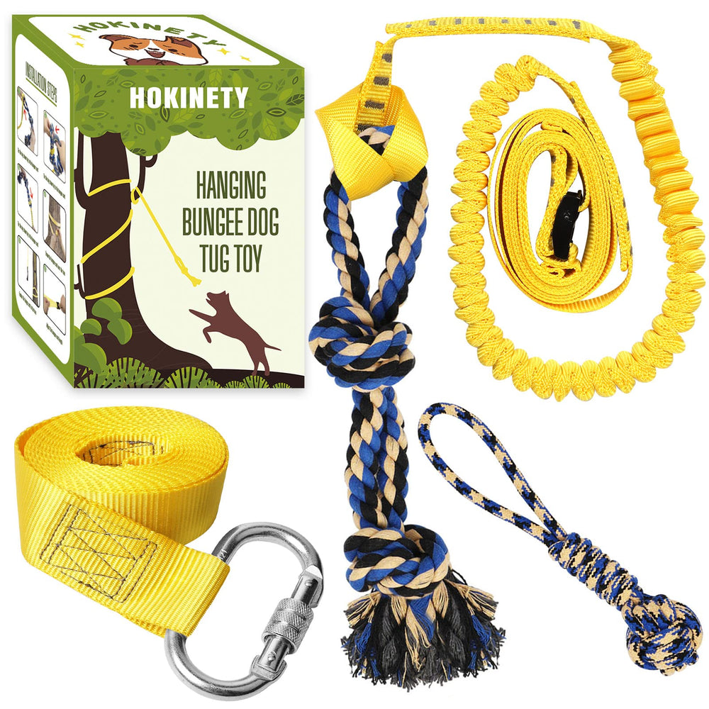 HOKINETY dog hanging bungee tug toy setup showing easy outdoor play setup