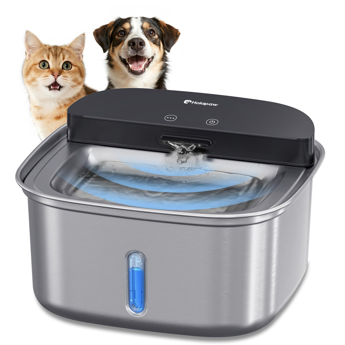 HOLAPAW wireless cat water fountain front view highlights cordless placement for safer hydration.