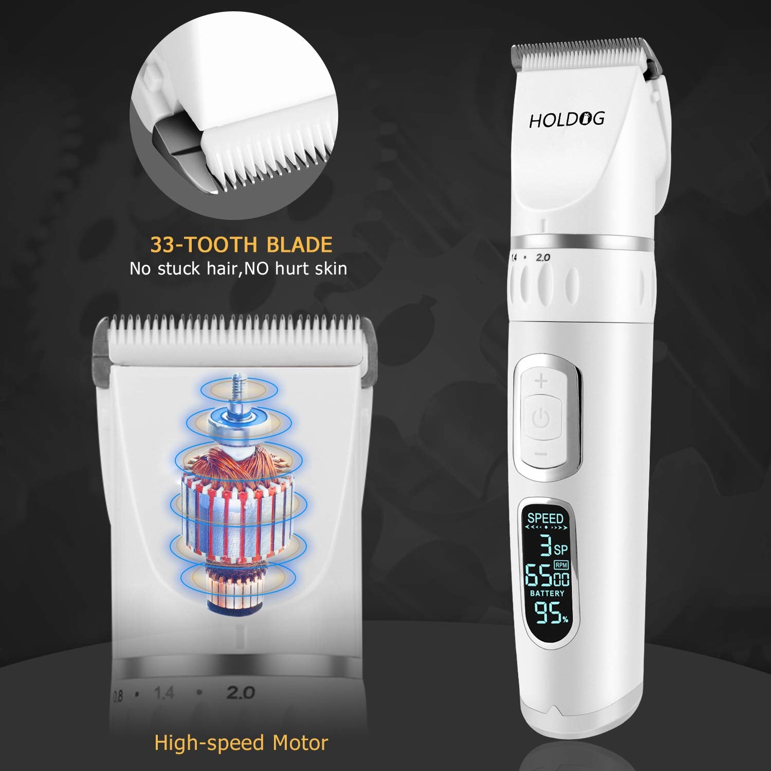 HOLDOG professional clipper offers 3-speed power for versatile grooming.