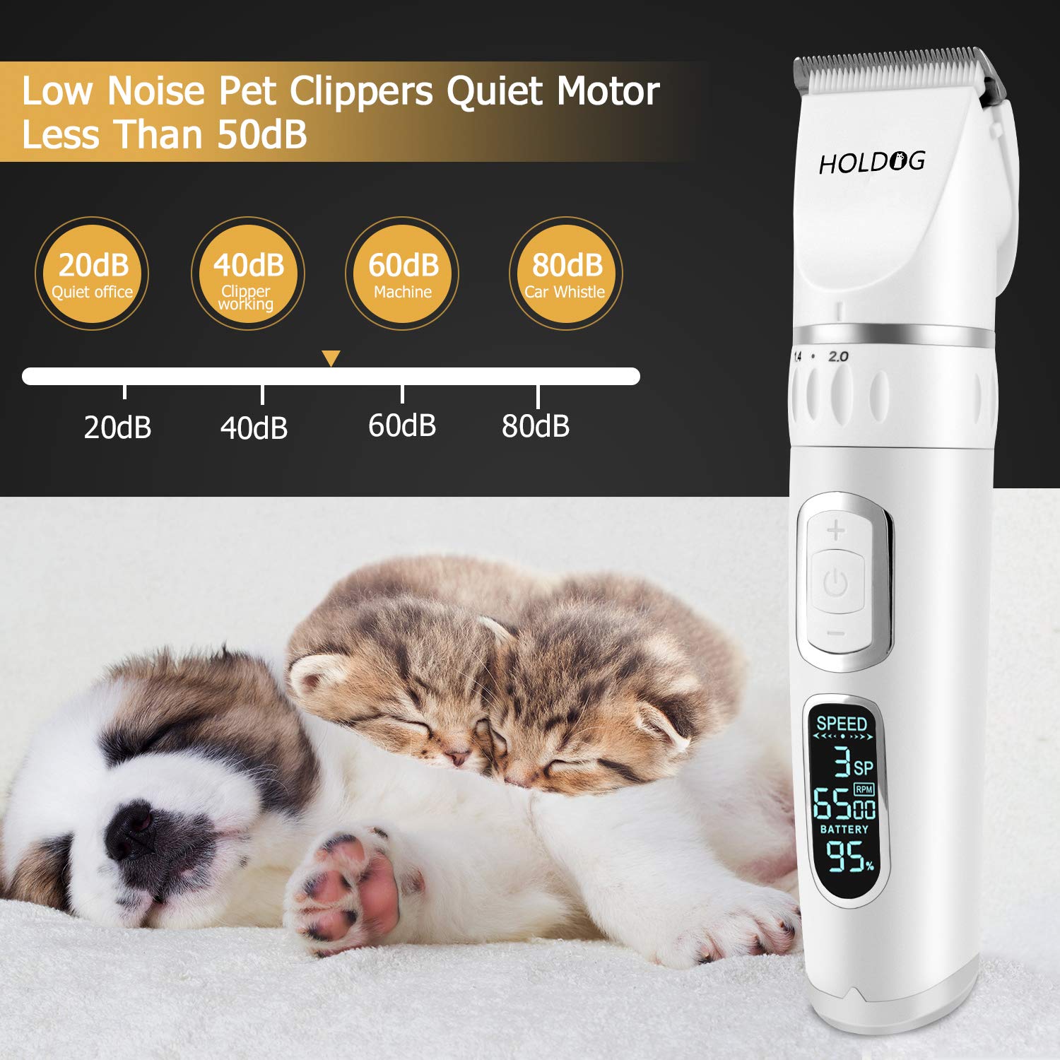HOLDOG dog clippers operate quietly to minimize stress during grooming.