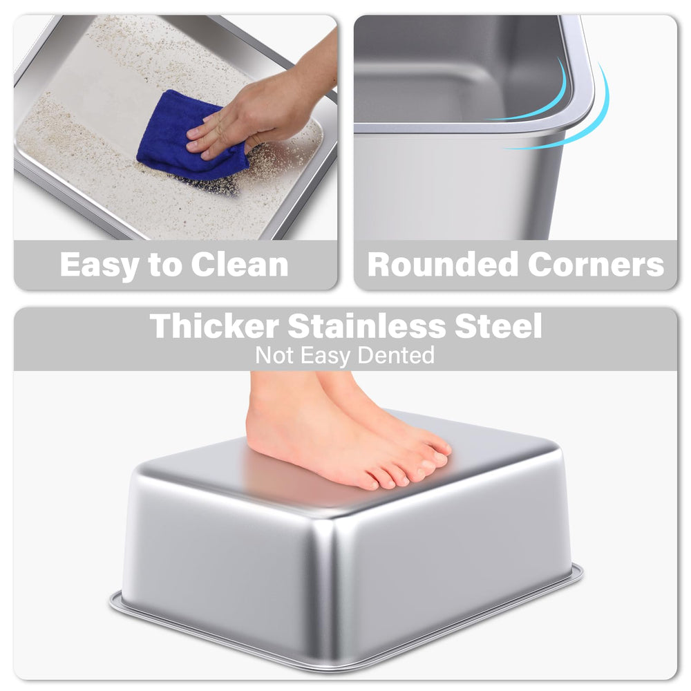 Holintan stainless steel litter box 2-pack close-up metal, scratch-resistant surface stays durable.