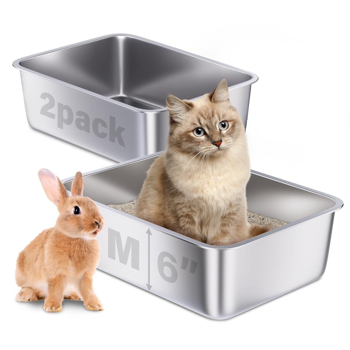 Holintan stainless steel litter box 2-pack front view, spacious for small to medium cats.