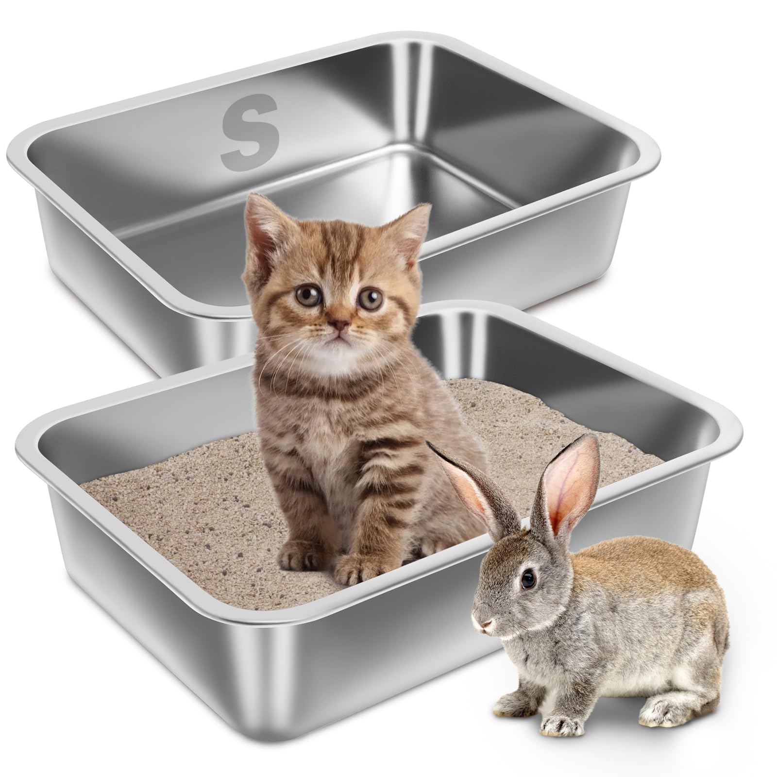 Holintan stainless steel litter box 2-pack shown for easy multi-pet setup and maintenance.