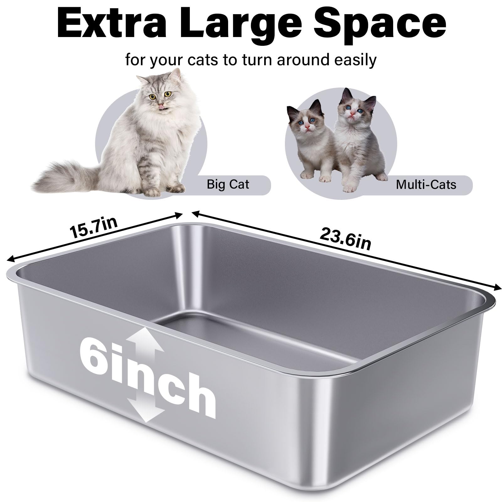 Holintan extra-large stainless steel litter box for big cats, spacious and comfortable.