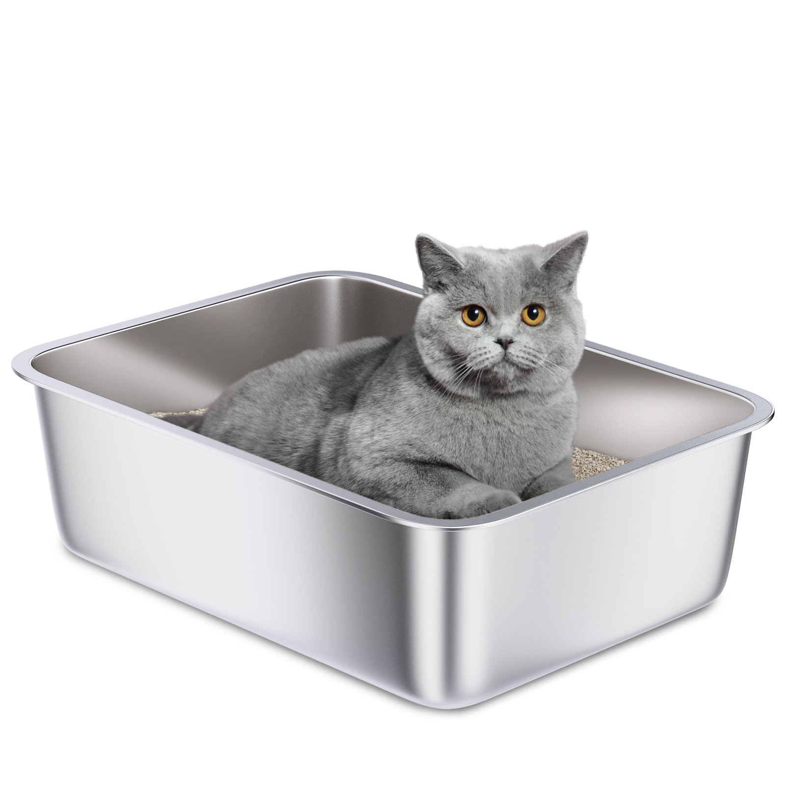 Holintan stainless steel litter box front view, easy-clean non-stick surface.