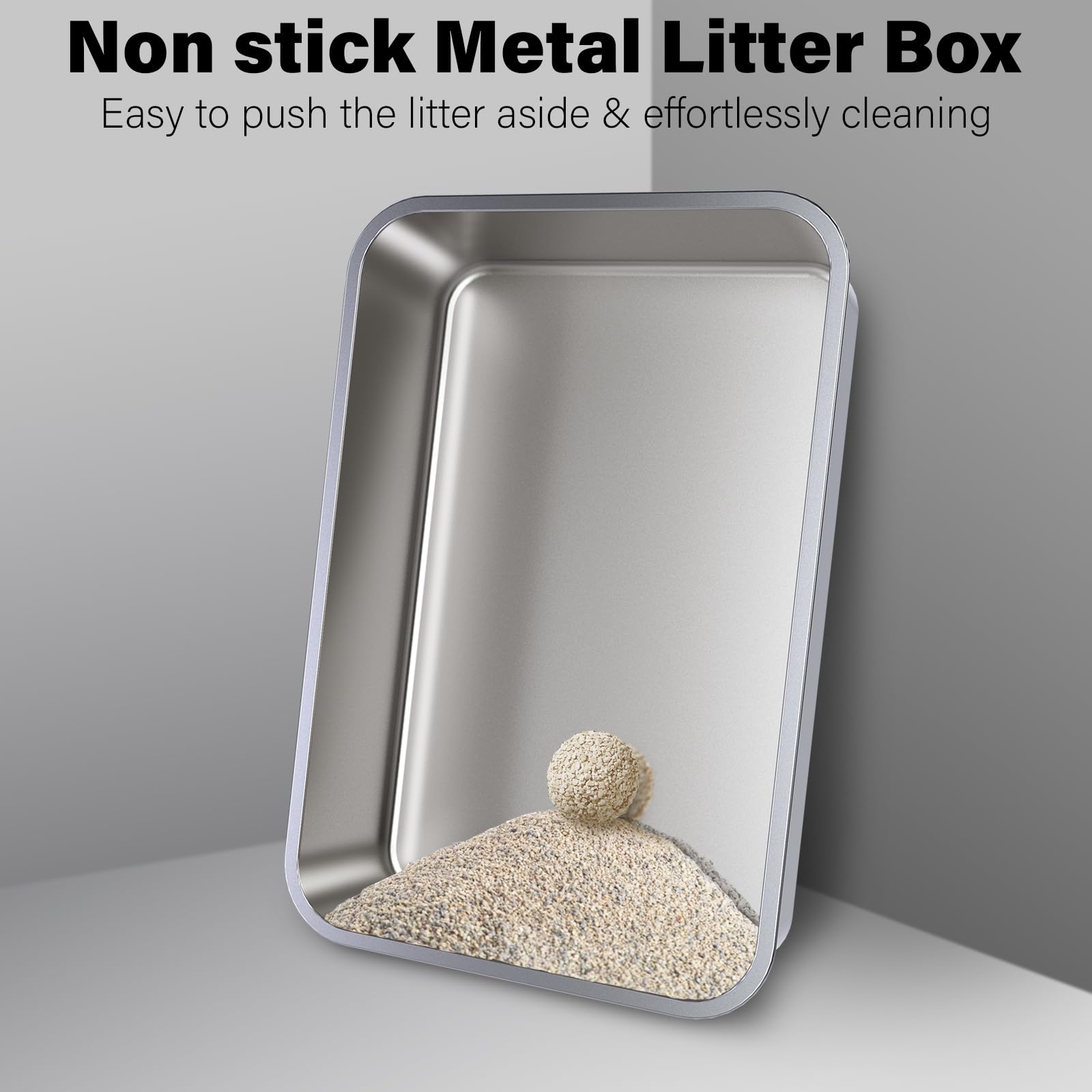 Holintan stainless steel litter box interior highlighting non-stick surface for easy cleaning.