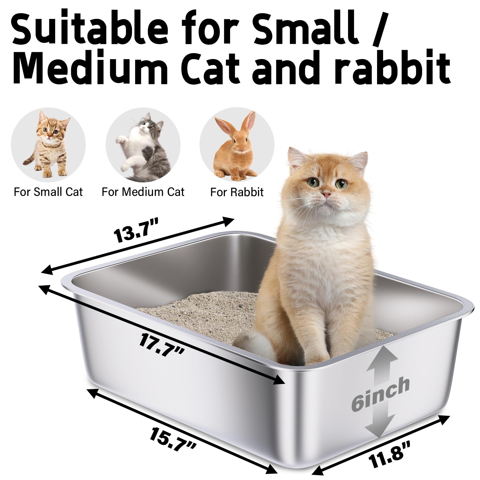 Holintan stainless steel litter box side view, rust-resistant for long-lasting use.