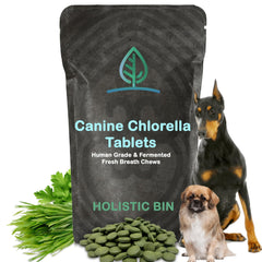 Holistic Bin canine chlorella tablets bottle shows fresh breath support for dogs.