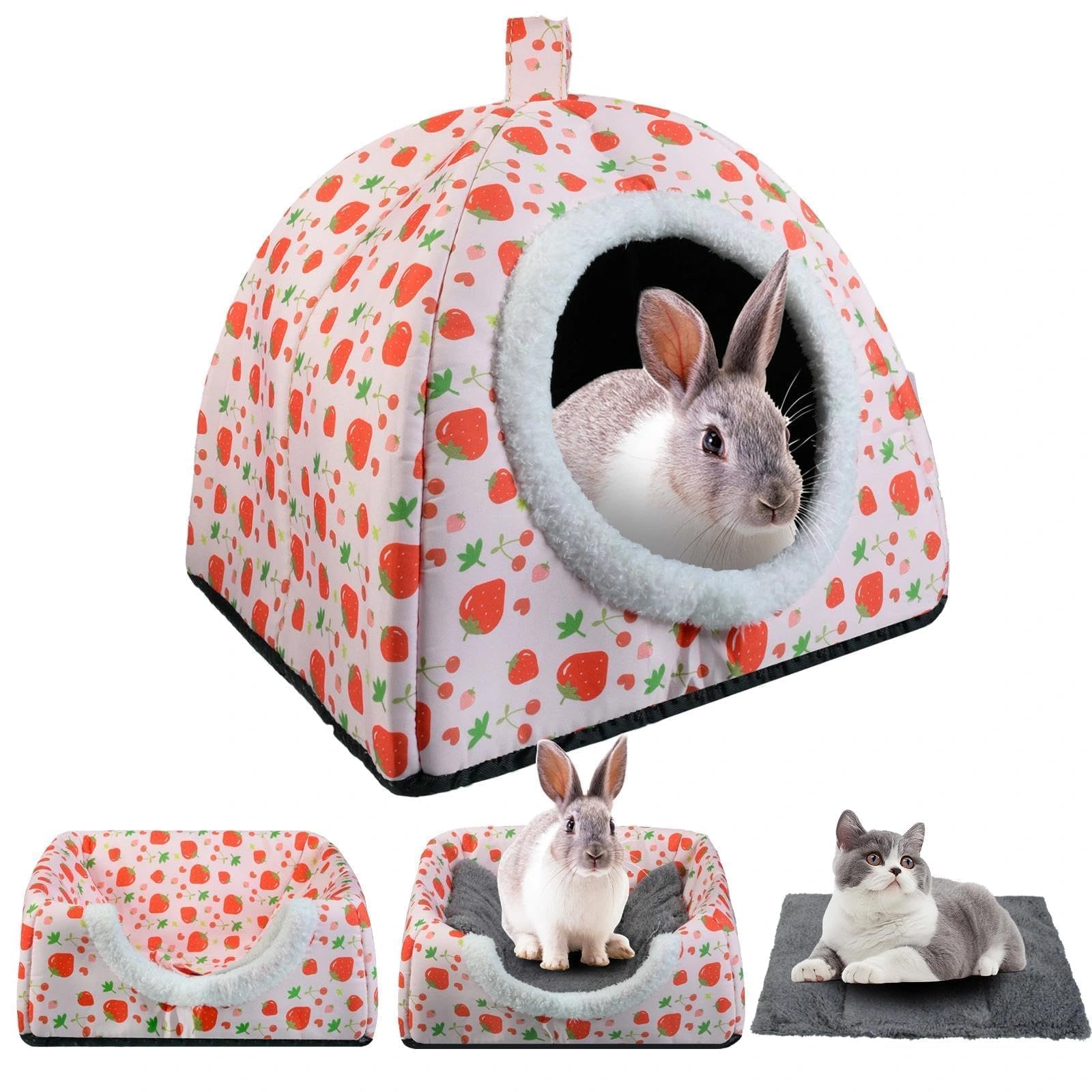Hollima Warm Rabbit Hideout strawberry-design closeup highlights a cozy burrow for rabbits.
