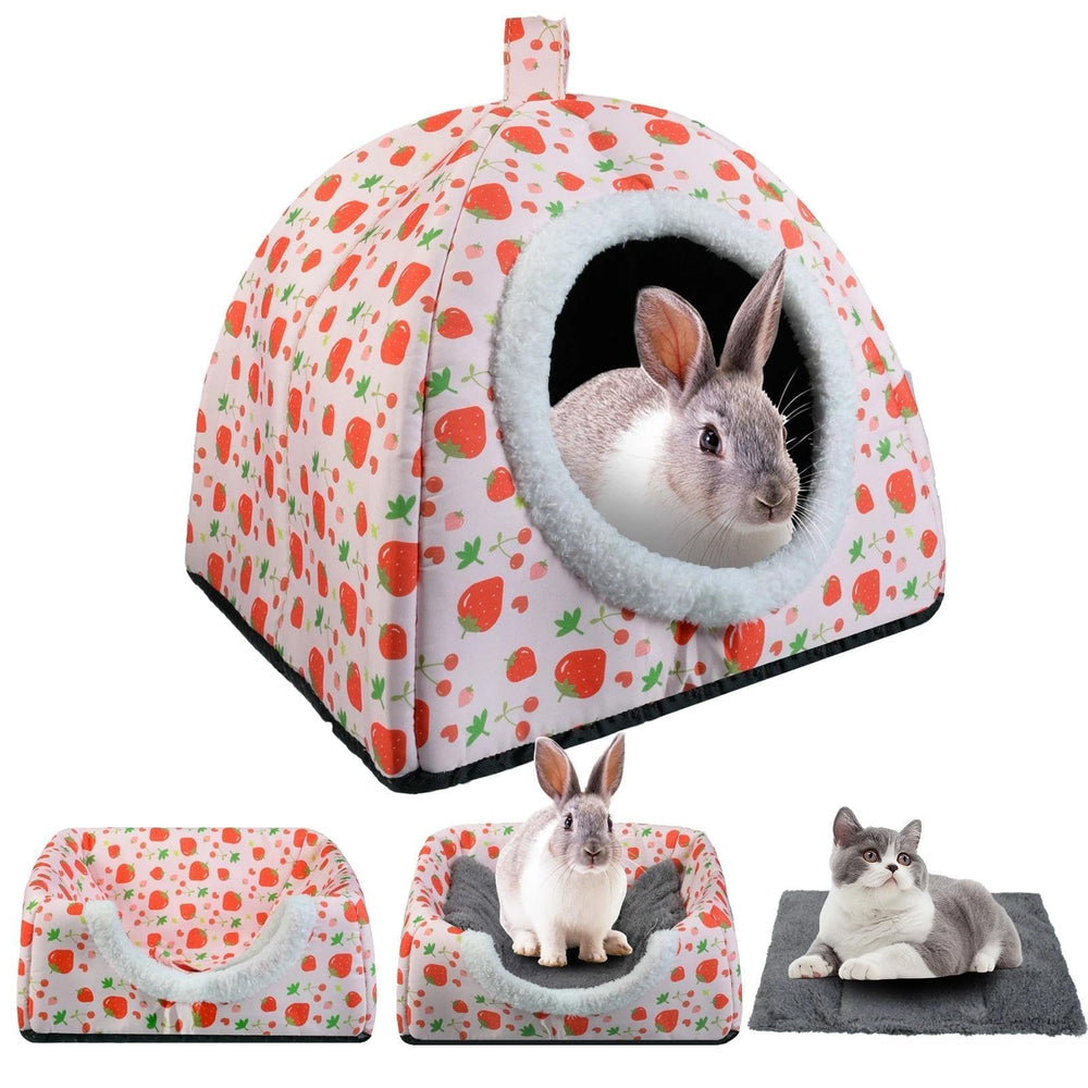 Hollima Warm Rabbit Hideout strawberry-design closeup highlights a cozy burrow for rabbits.