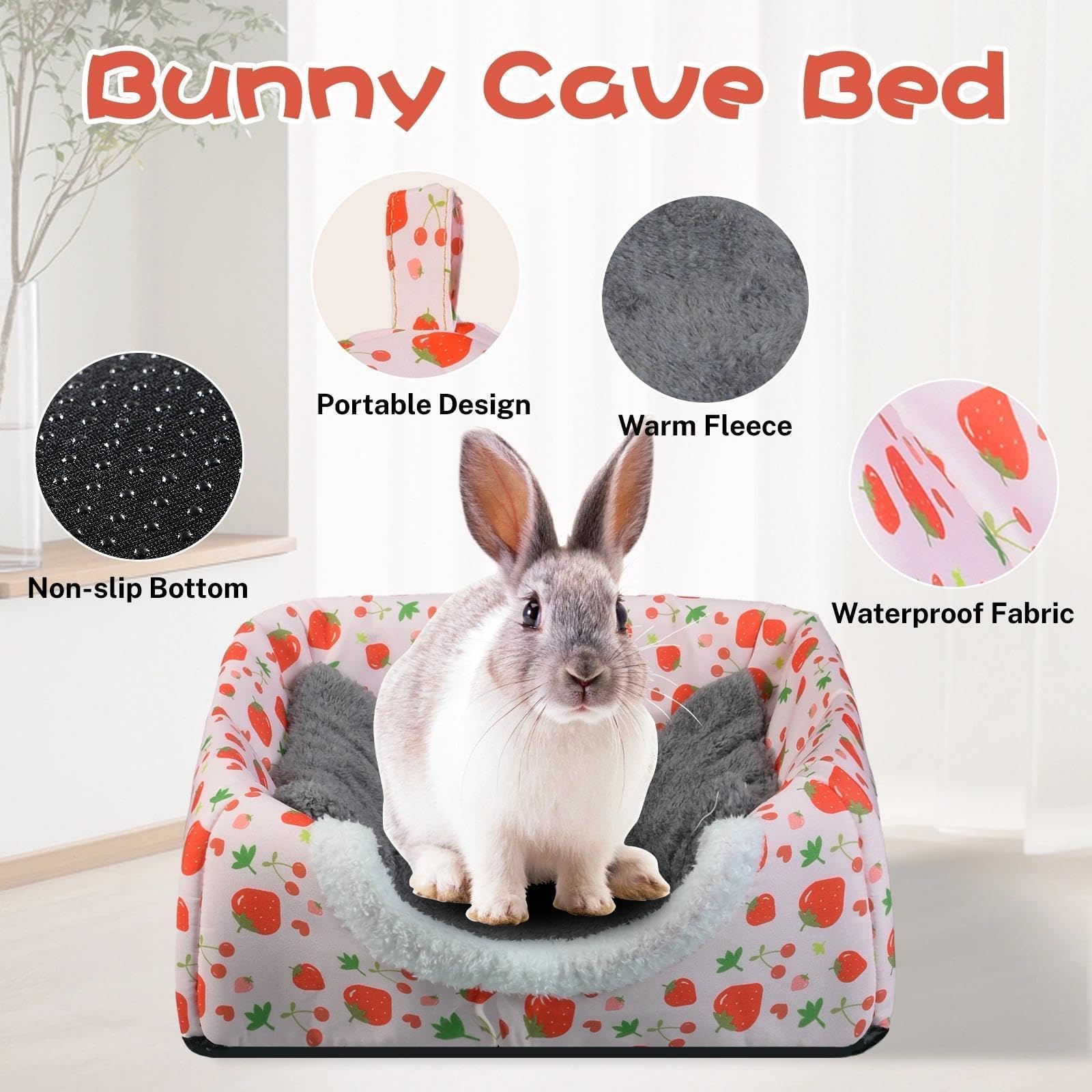 Hollima washable bunny bed outer-shell view emphasizes easy cleaning and durable waterproof surface.