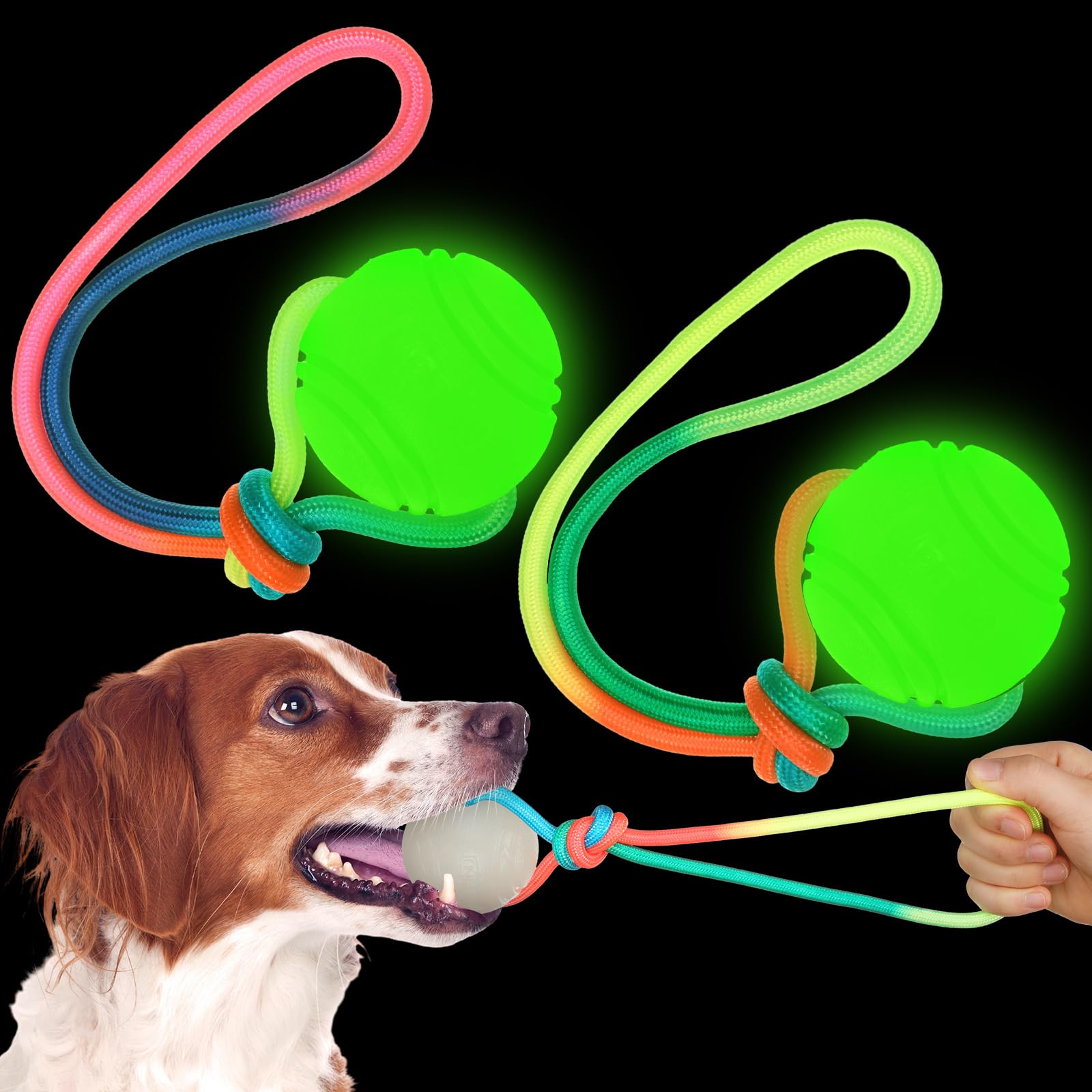 Hollowfly glow ball on rope dog toy for night fetch and visibility
