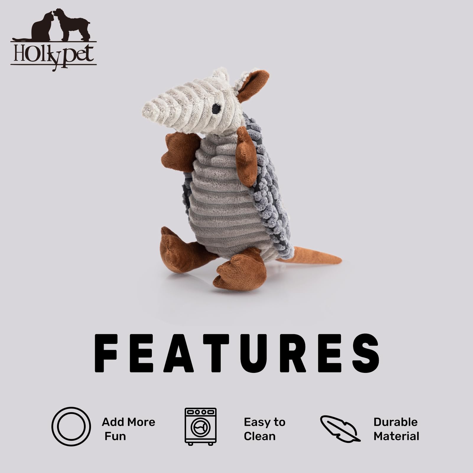 HollyPet Armadillo Plush uses durable soft materials for indoor/outdoor play