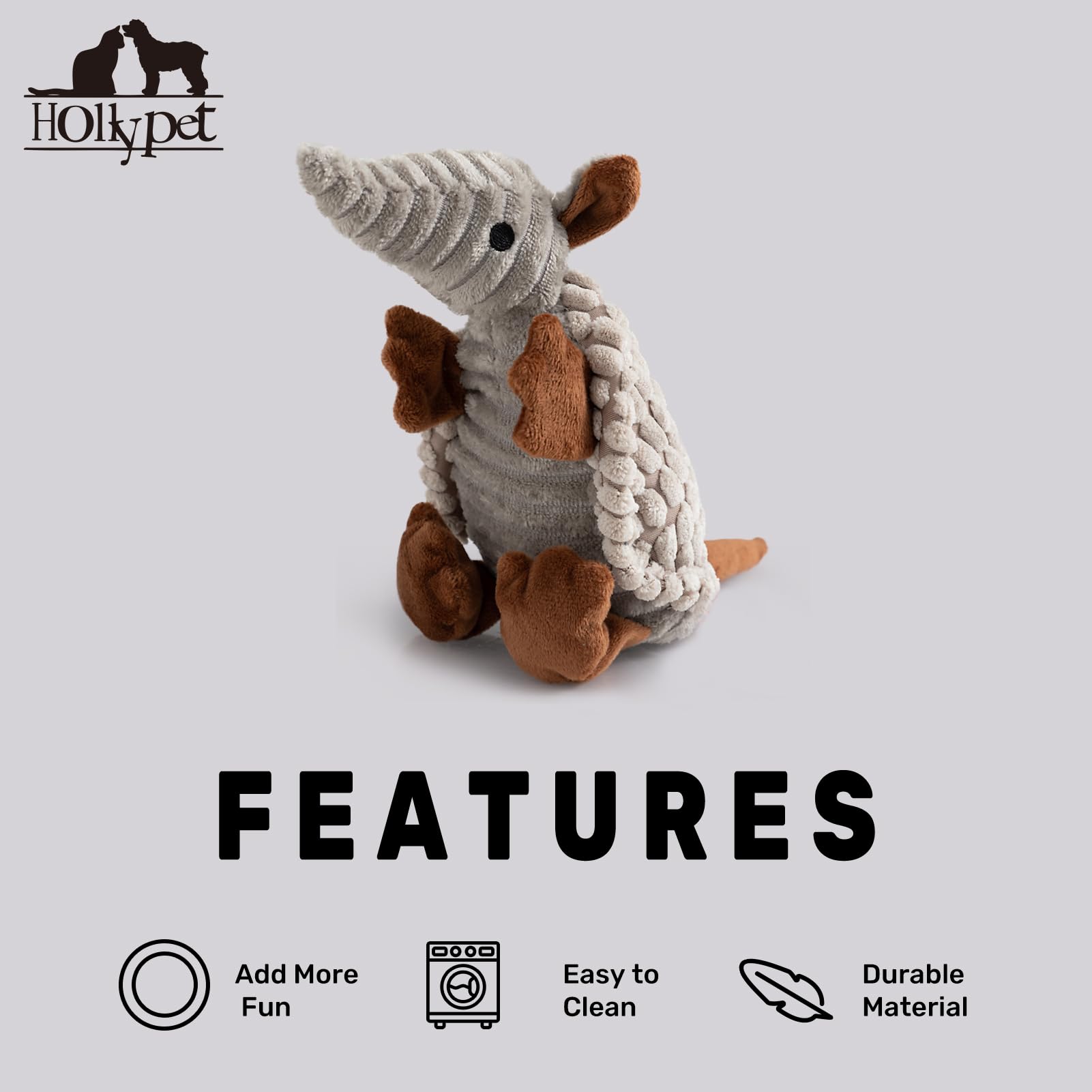 Hollypet Armadillo plush durable-soft fabric, designed for long-lasting safe play
