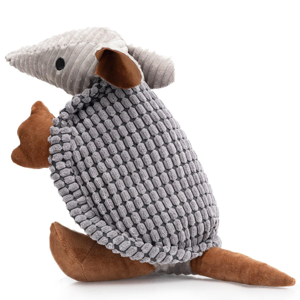 Hollypet Armadillo plush squeaky toy in dark gray for interactive play and gum massage.