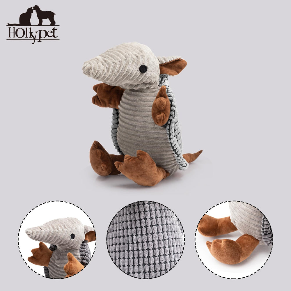 Hollypet Armadillo plush toy in dark gray offers textured surface for gum massage.
